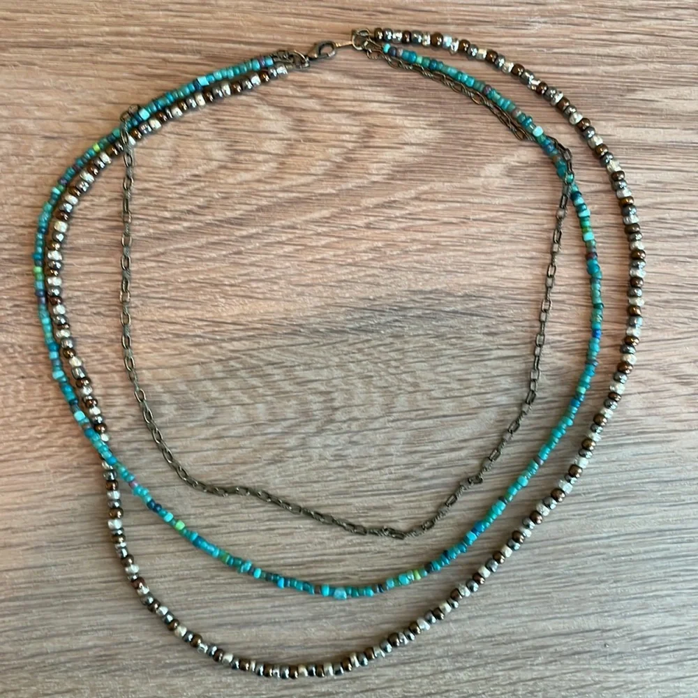 HAND CRAFTED NECKLACE Seed Beads Bronze Pewter Turquoise Mix Antique Brass Boho - Picture 6 of 10